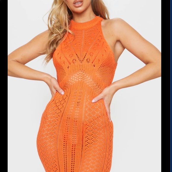 PLT ORANGE CUT OUT DETAIL CROCHET KNIT MIDI DRESS - Picture 4 of 11